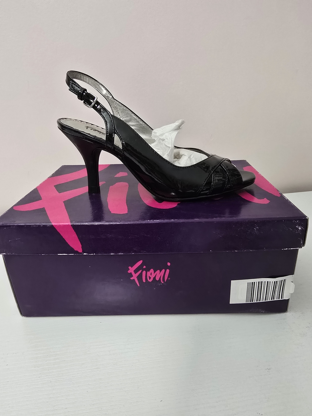 FIONI Clothing Black Patent Leather Slingback Peep-Toe Heels